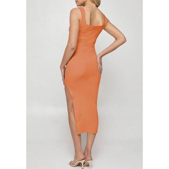 Women's Square Neck Wide Strap Sleeveless Cutout Ribbed Tank Bodycon Midi Dress - Picture 4 of 4